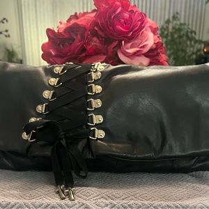 JUNIOR DRAKE Black Leather Corset Lace Clutch Handbag